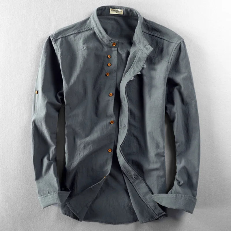 Leviortin Mens Linen Cotton Shirt Harajuku Stand Collar