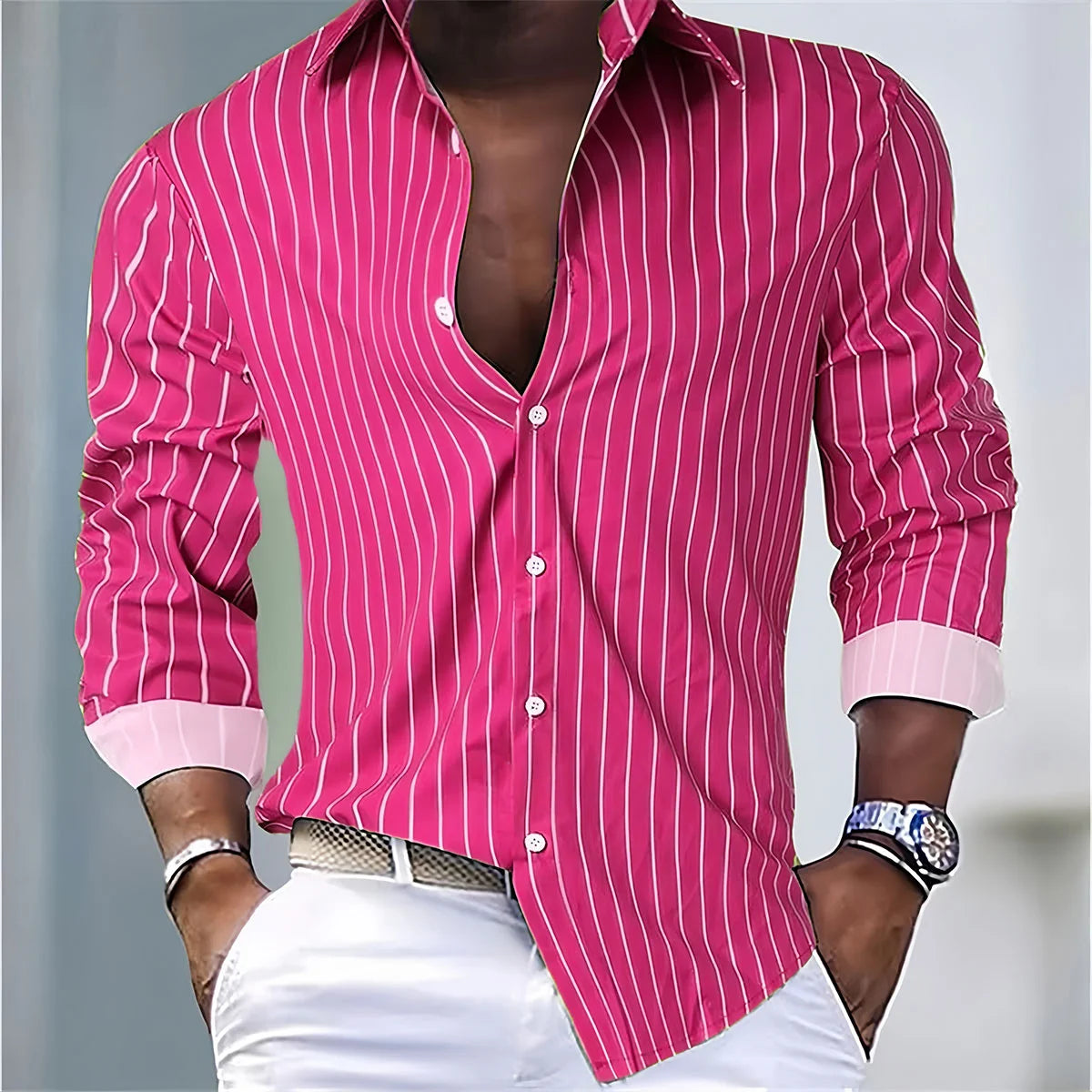 Mens Striped Casual Shirt Polyester Spandex Long Sleeve