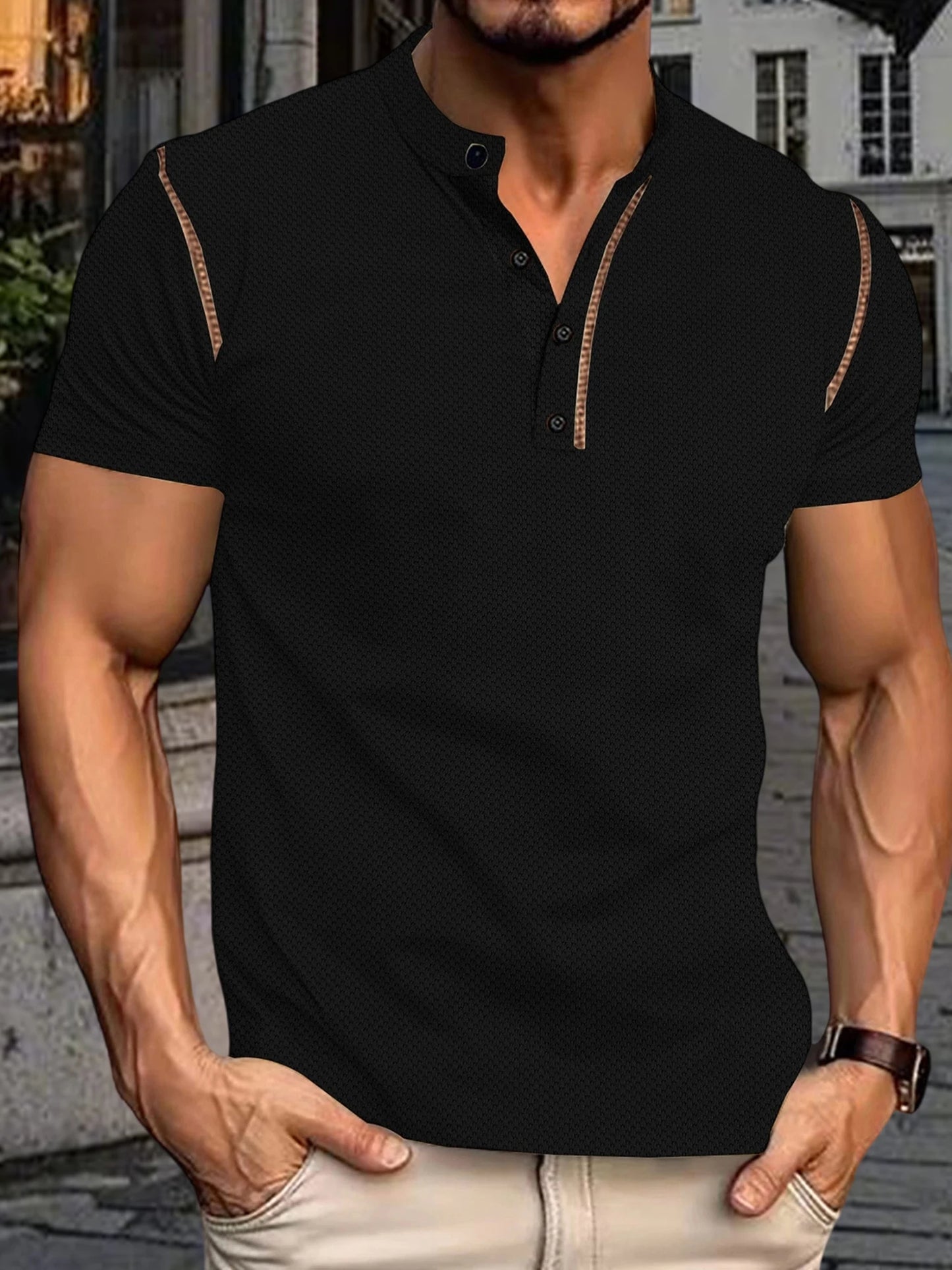 Guangdong Mens Fit Henley Tee With Contrast Stitching