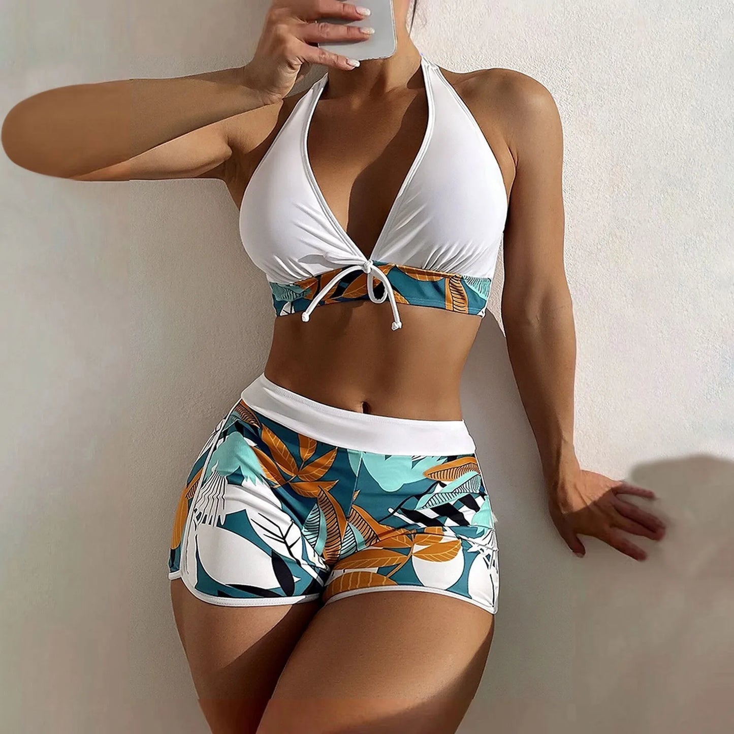 High Waist Plant Print Bikini Set Women Two Piece Swimsuit