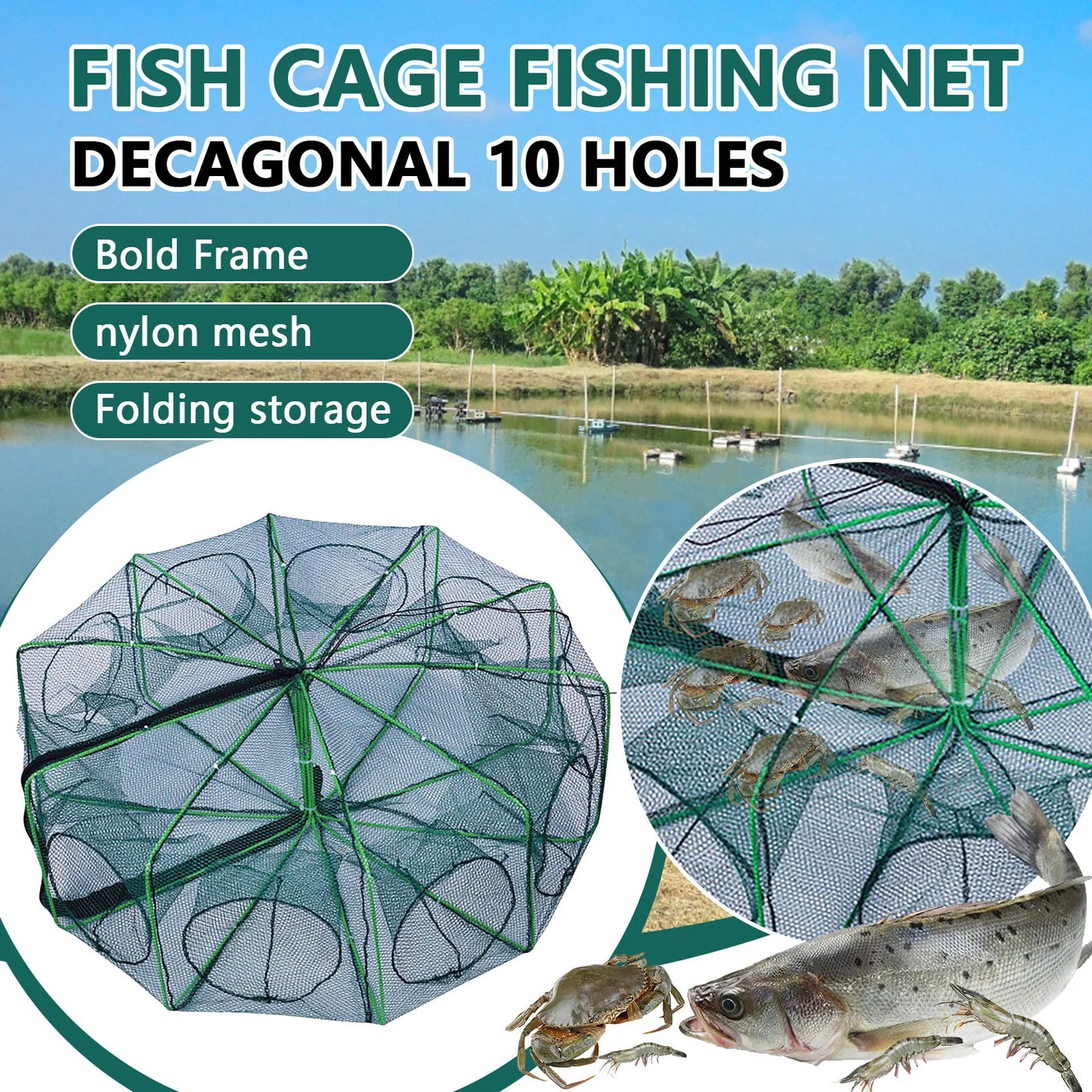 Compact Foldable Lobster Cage Fishing Trap Nylon Net Kit