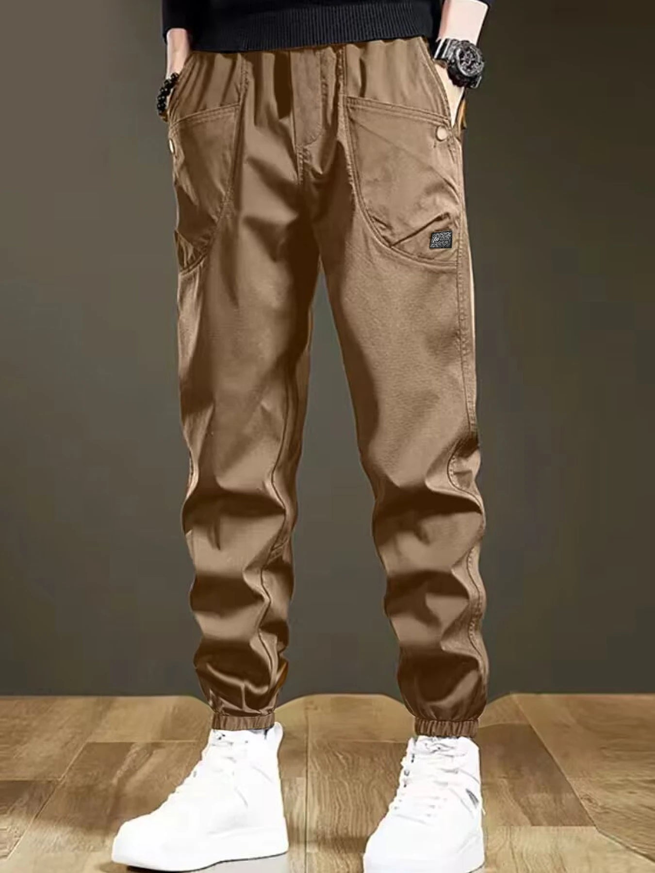 Mens Loose Fit Ankle Length Work Pants With Elastic Waist