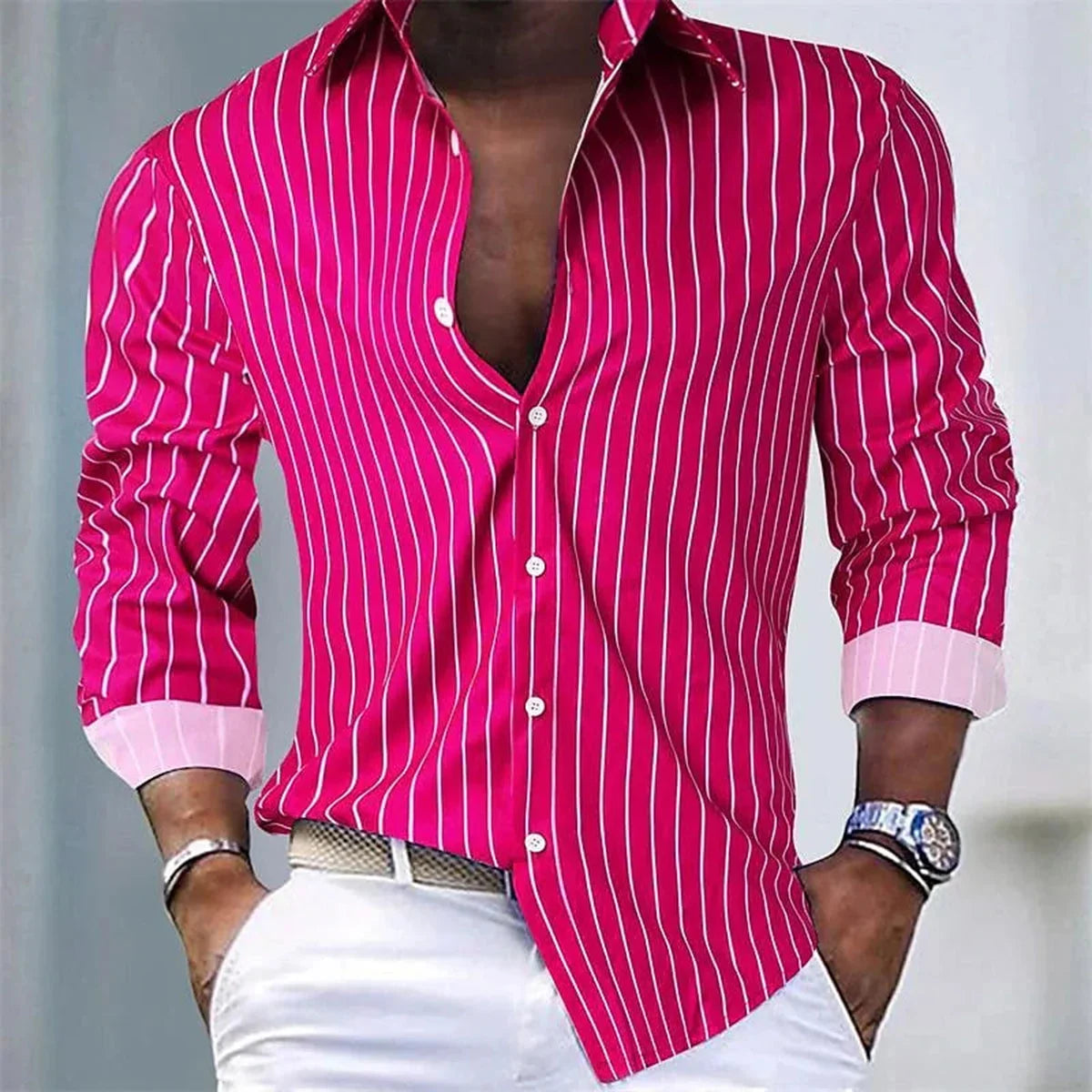 Mens Striped Casual Shirt Polyester Spandex Long Sleeve