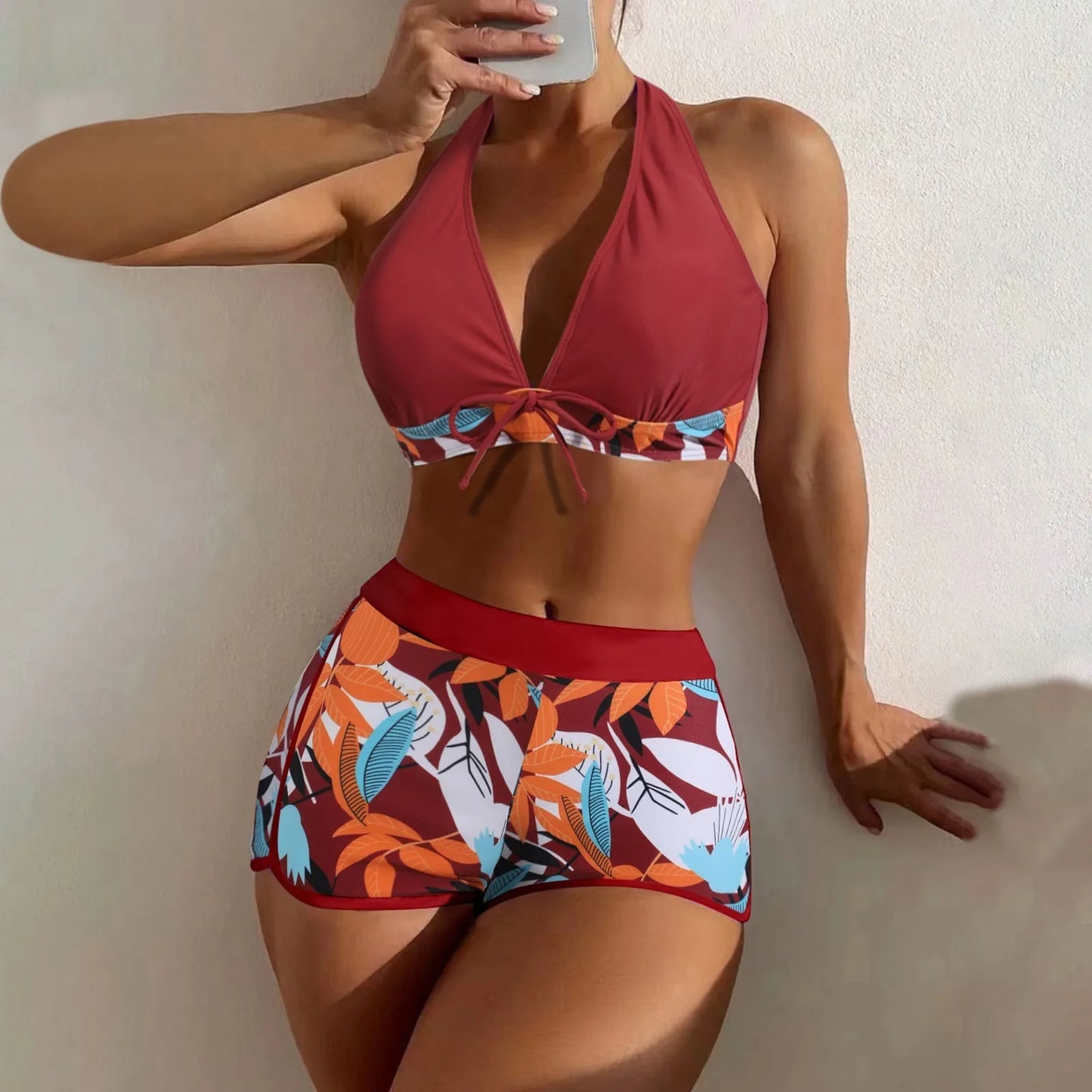 High Waist Plant Print Bikini Set Women Two Piece Swimsuit