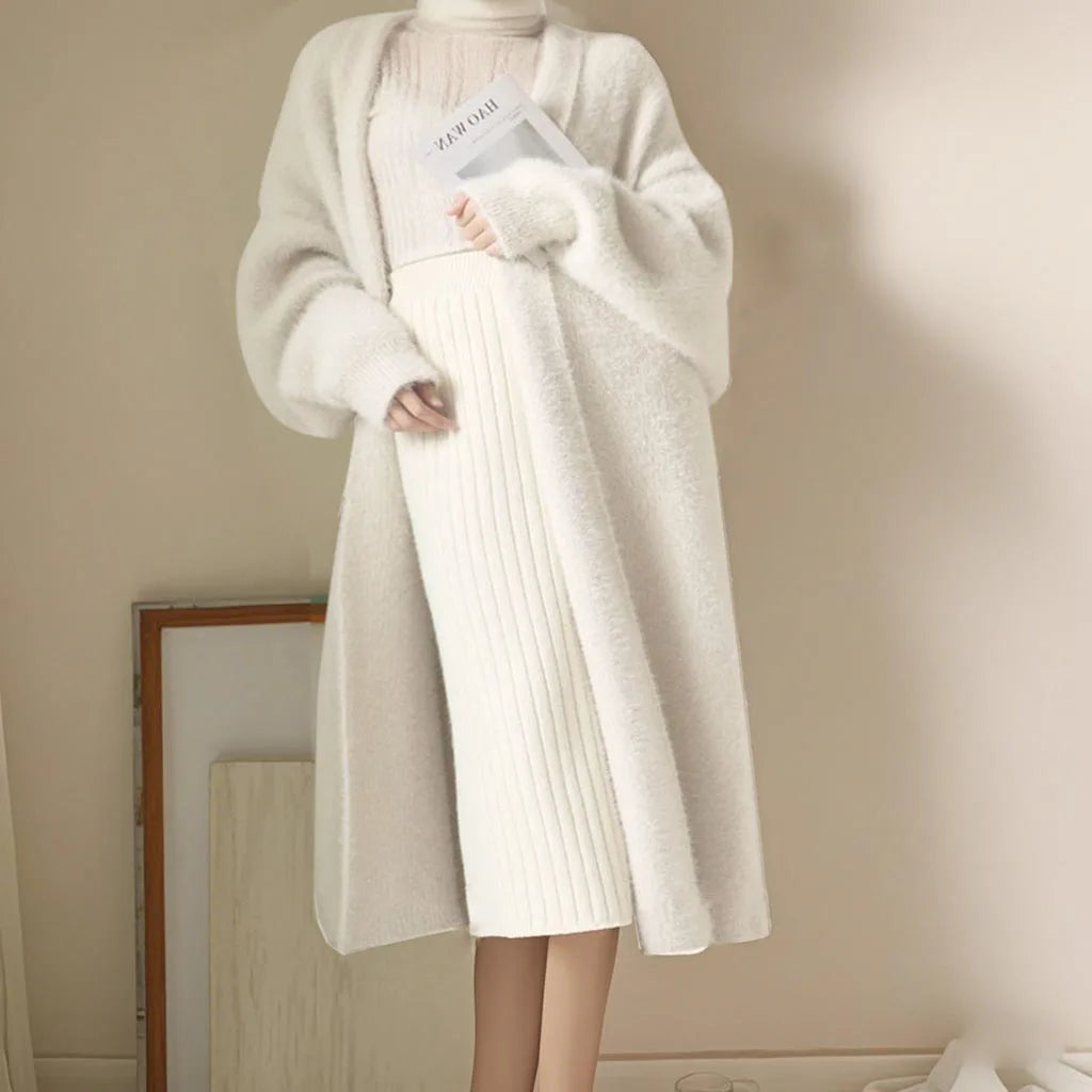 Fluffy Cashmere Long Cardigan for Women Korean Style Coat
