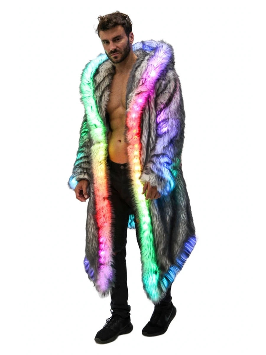 FHILLINUOCN LED Faux Fur Coat For Men Hooded Stage Costume