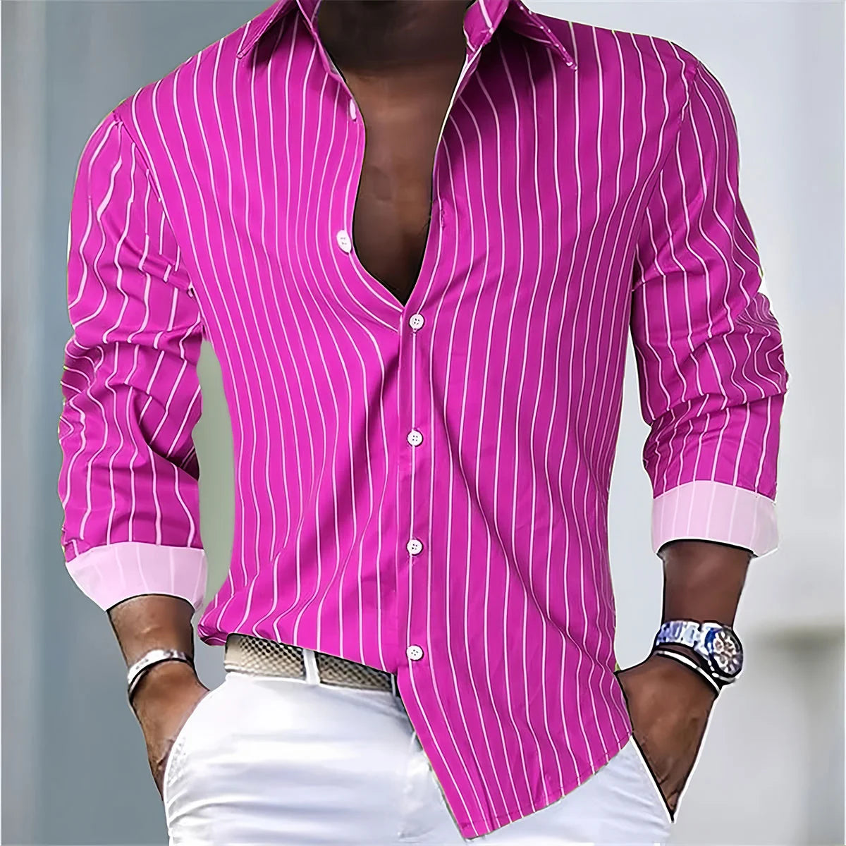 Mens Striped Casual Shirt Polyester Spandex Long Sleeve