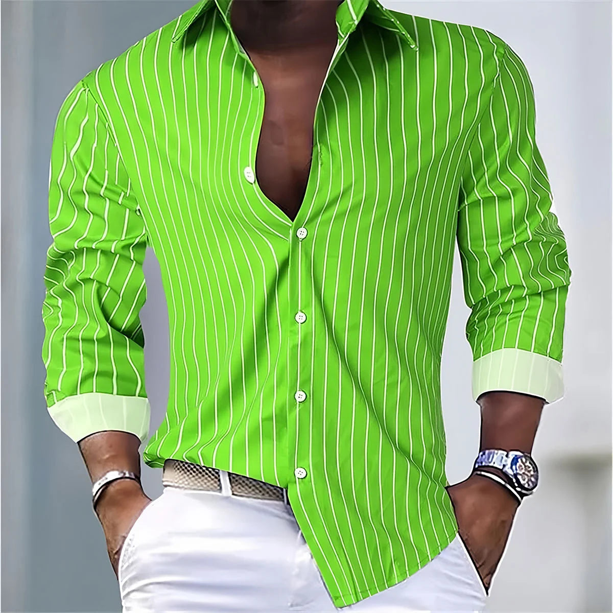 Mens Striped Casual Shirt Polyester Spandex Long Sleeve