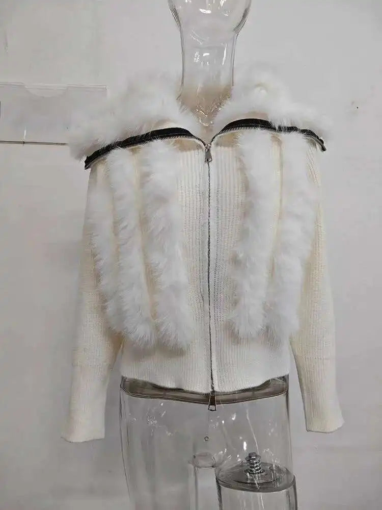 Fox Fur Coat Short Zipper Patchwork Plush Womens Outerwear