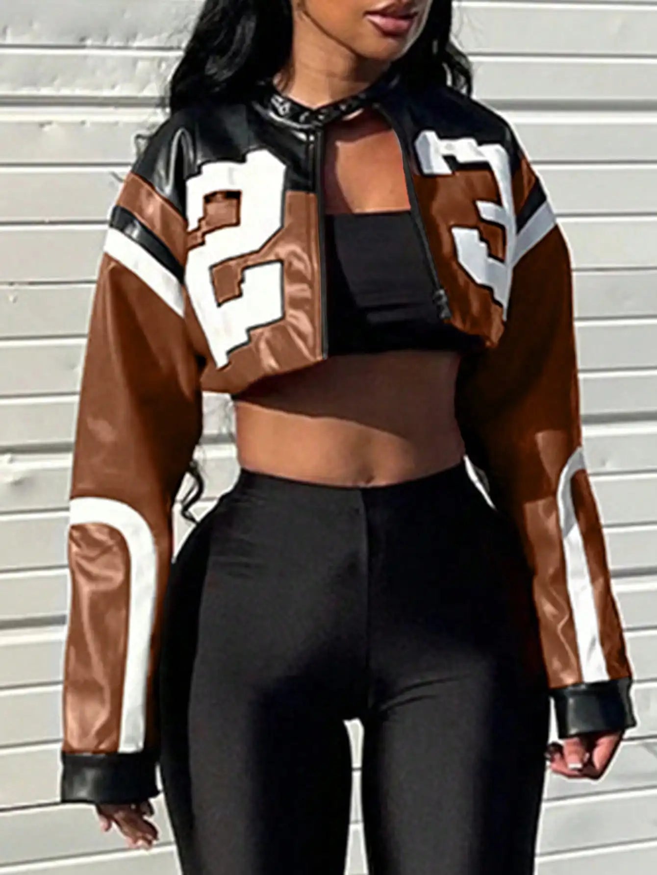 Womens Faux Leather Zip Bomber Jacket Retro Moto Style