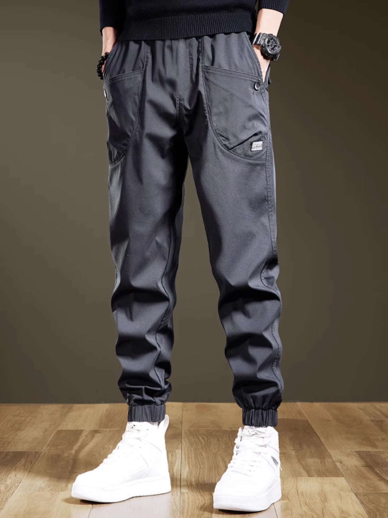 Mens Loose Fit Ankle Length Work Pants With Elastic Waist