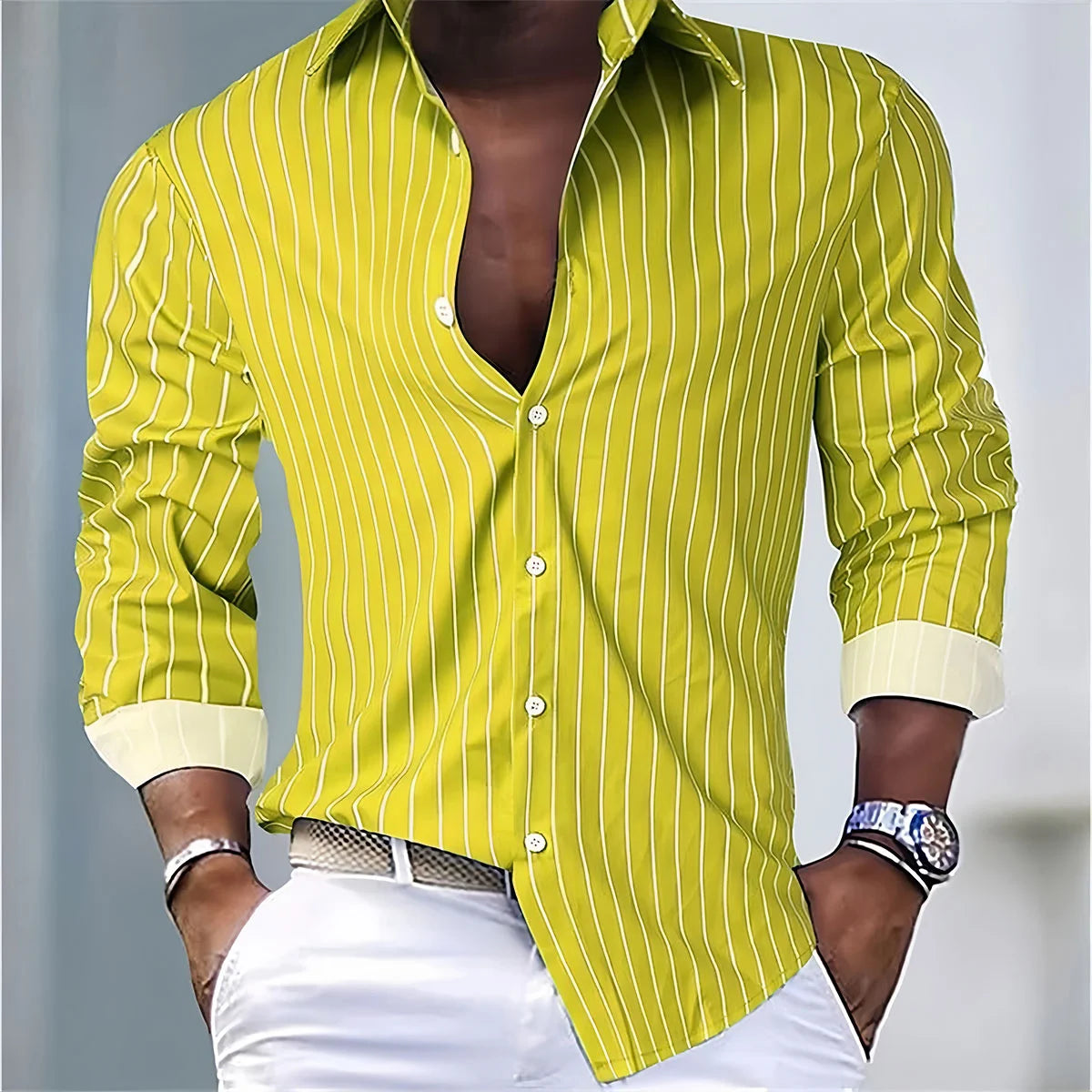 Mens Striped Casual Shirt Polyester Spandex Long Sleeve
