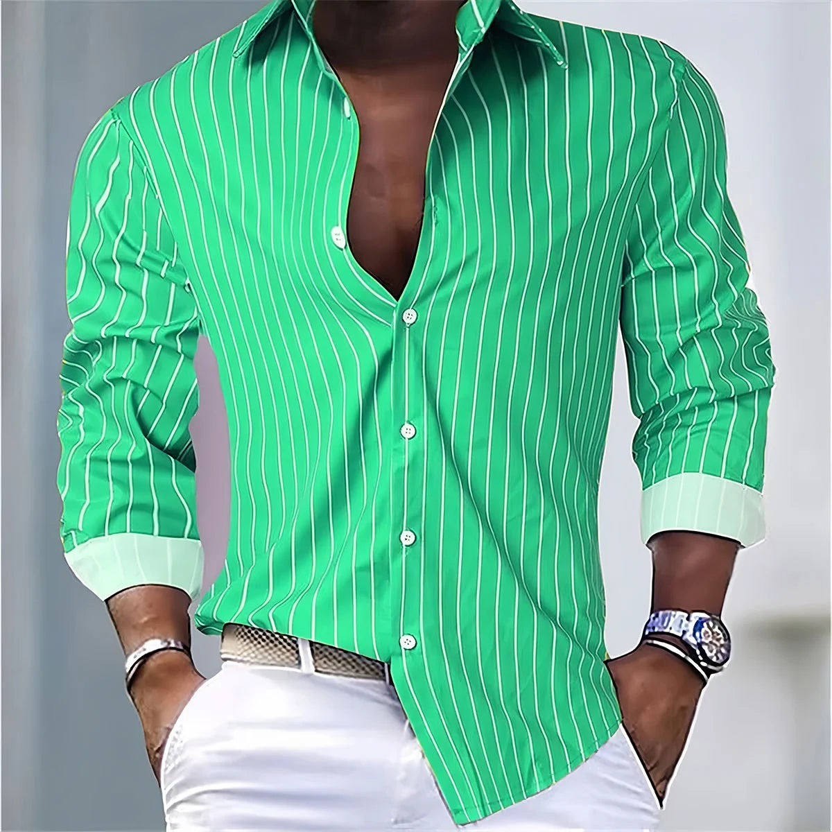 Mens Striped Casual Shirt Polyester Spandex Long Sleeve