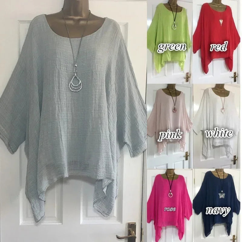 Women Cotton Linen Batwing Long Sleeve T Shirt O Neck