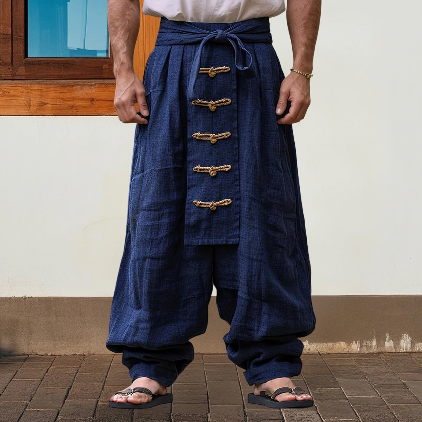 HiriginCN Mens Loose Fit Harem Trousers Knot Button Elastic