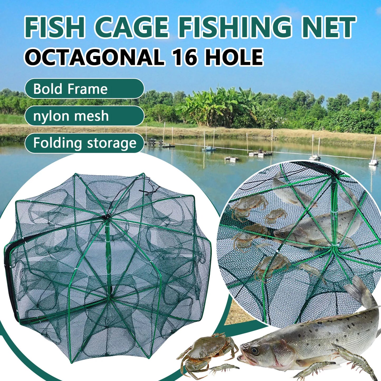 Compact Foldable Lobster Cage Fishing Trap Nylon Net Kit
