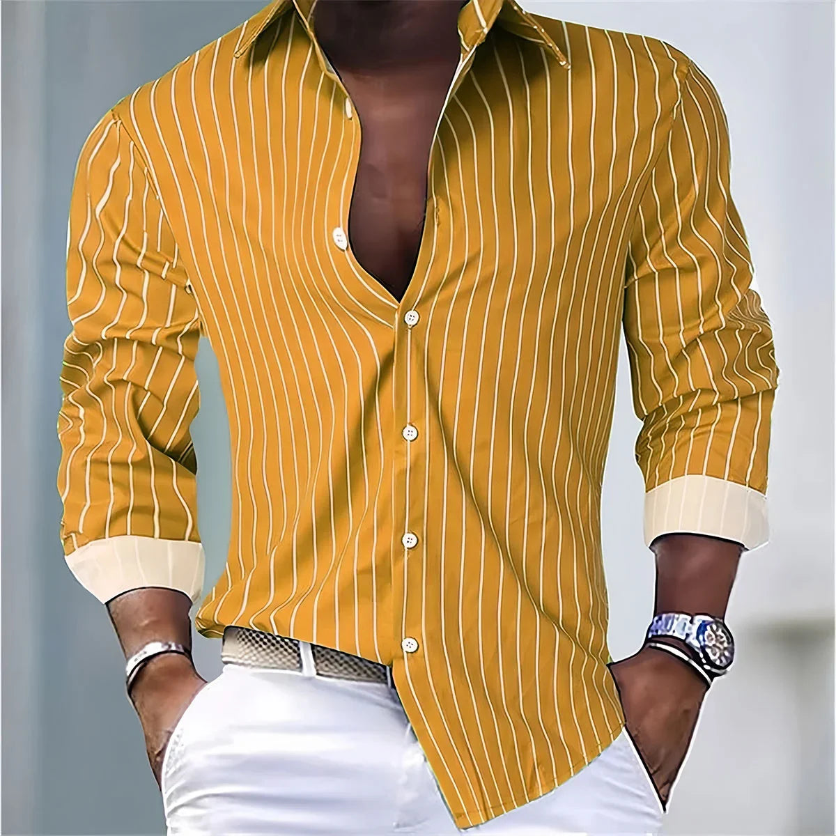 Mens Striped Casual Shirt Polyester Spandex Long Sleeve