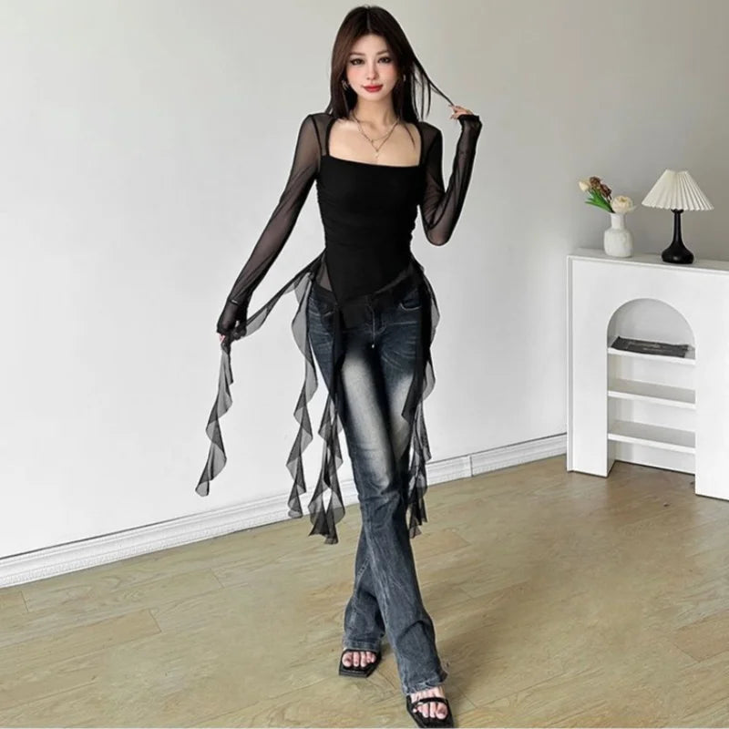 Ruffle Long Sleeve Women Crop Top Mesh Tee Korean Style