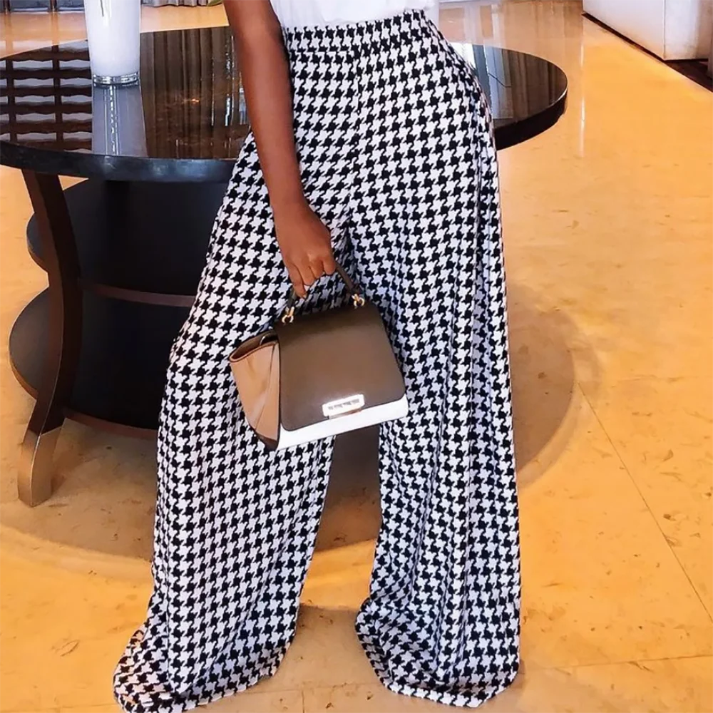 OSHOPLIVECN Autumn Womens Houndstooth Wide Leg Trousers