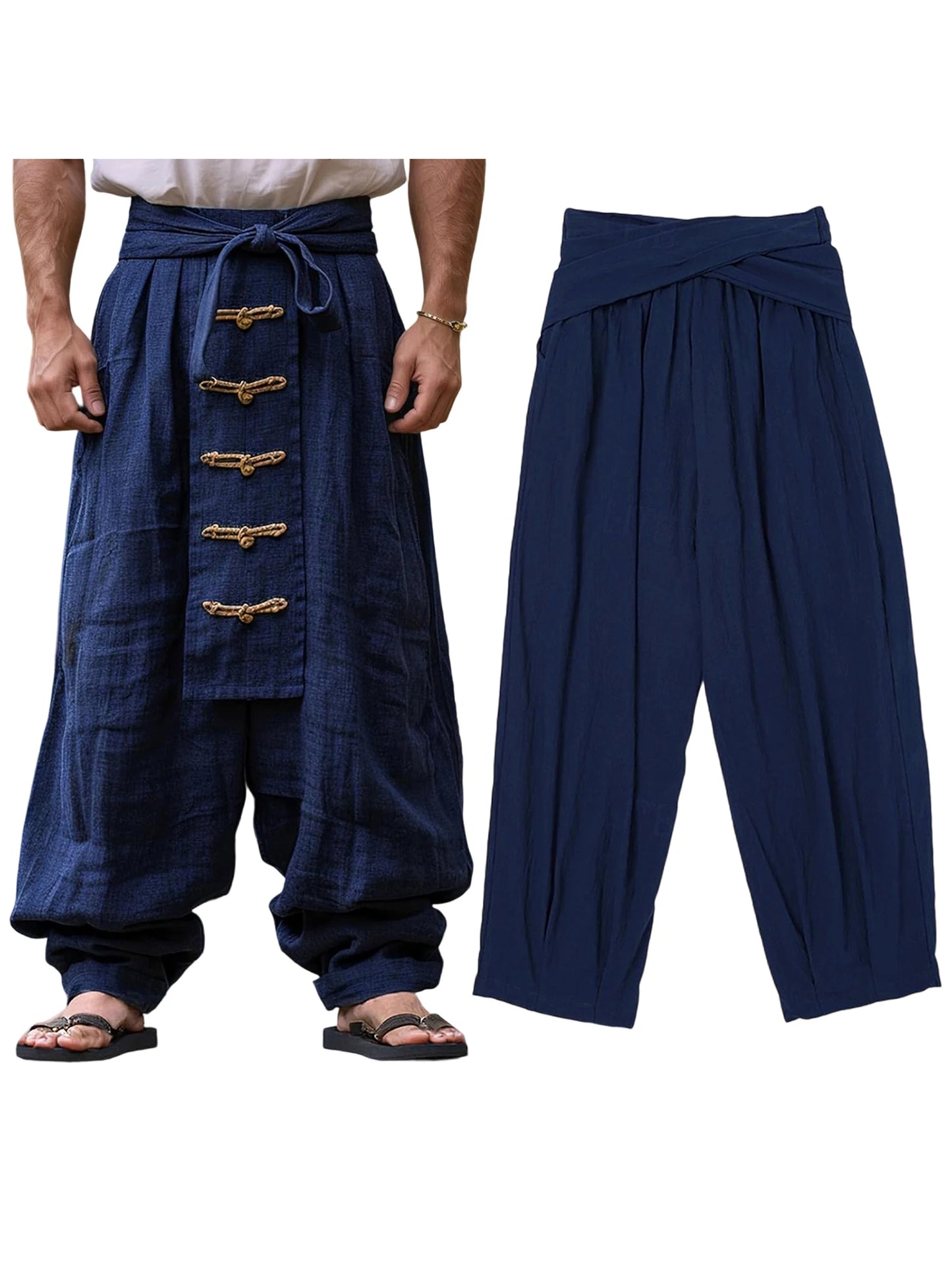 HiriginCN Mens Loose Fit Harem Trousers Knot Button Elastic