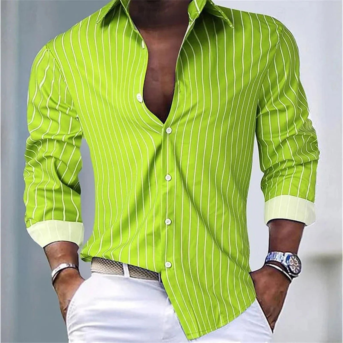 Mens Striped Casual Shirt Polyester Spandex Long Sleeve