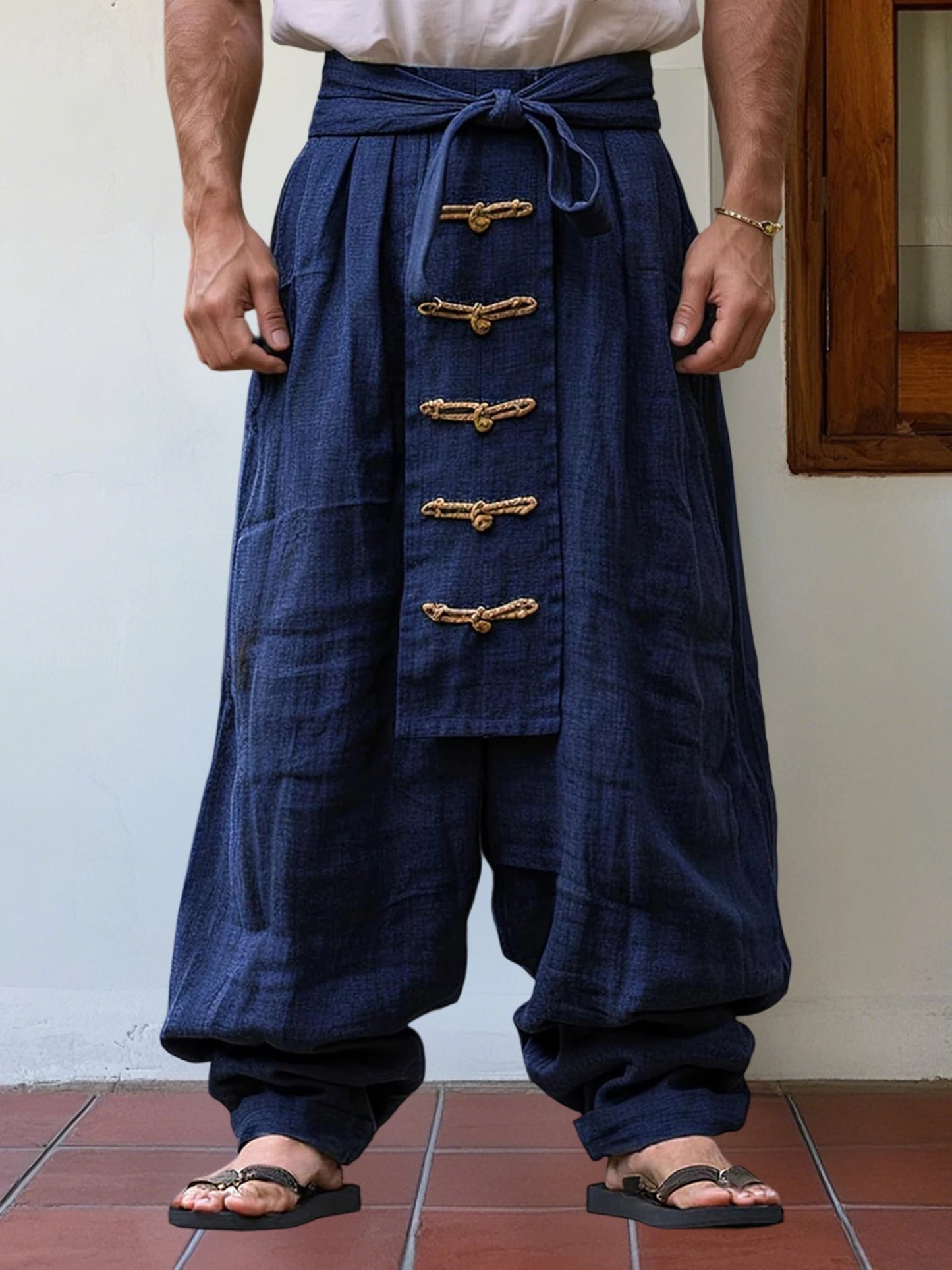 HiriginCN Mens Loose Fit Harem Trousers Knot Button Elastic