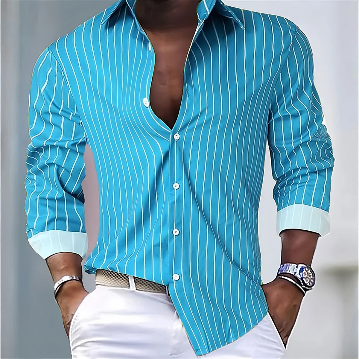 Mens Striped Casual Shirt Polyester Spandex Long Sleeve