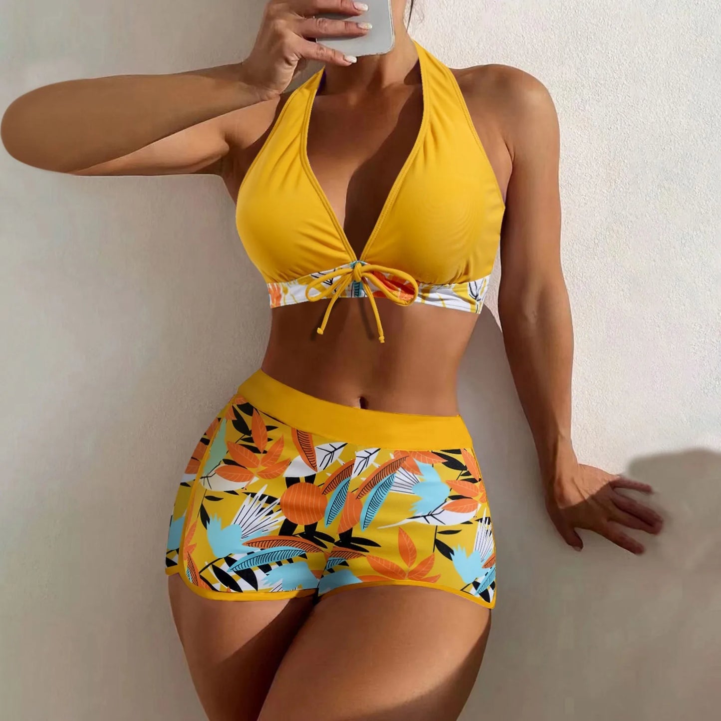 High Waist Plant Print Bikini Set Women Two Piece Swimsuit