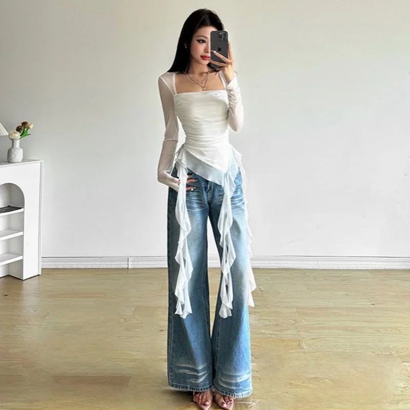 Ruffle Long Sleeve Women Crop Top Mesh Tee Korean Style