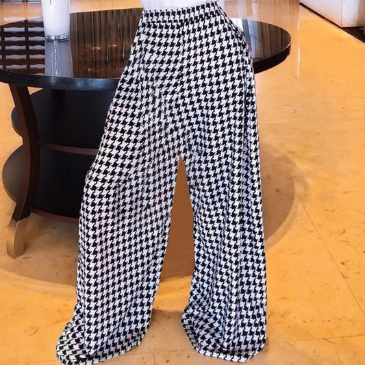 OSHOPLIVECN Autumn Womens Houndstooth Wide Leg Trousers