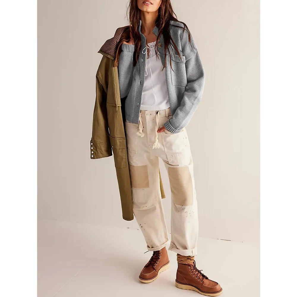 Women Knit Cardigan Long Sleeve Button Up With Pockets