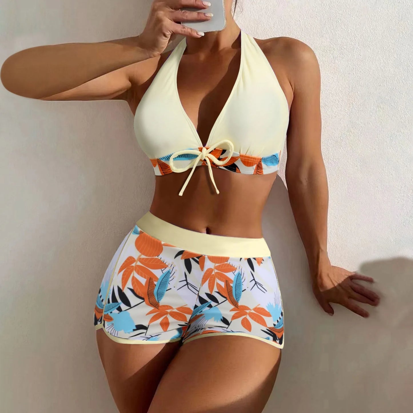 High Waist Plant Print Bikini Set Women Two Piece Swimsuit