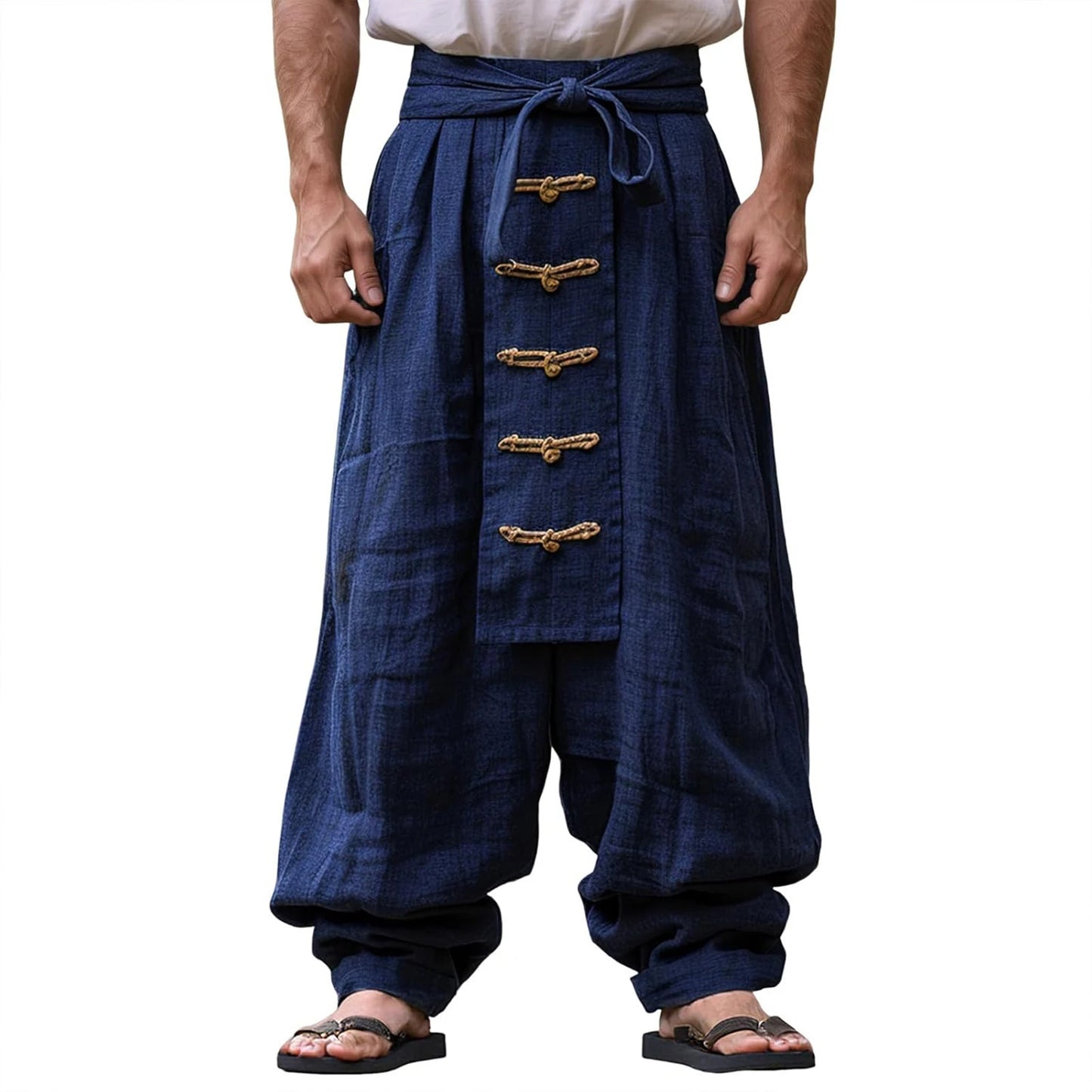 HiriginCN Mens Loose Fit Harem Trousers Knot Button Elastic