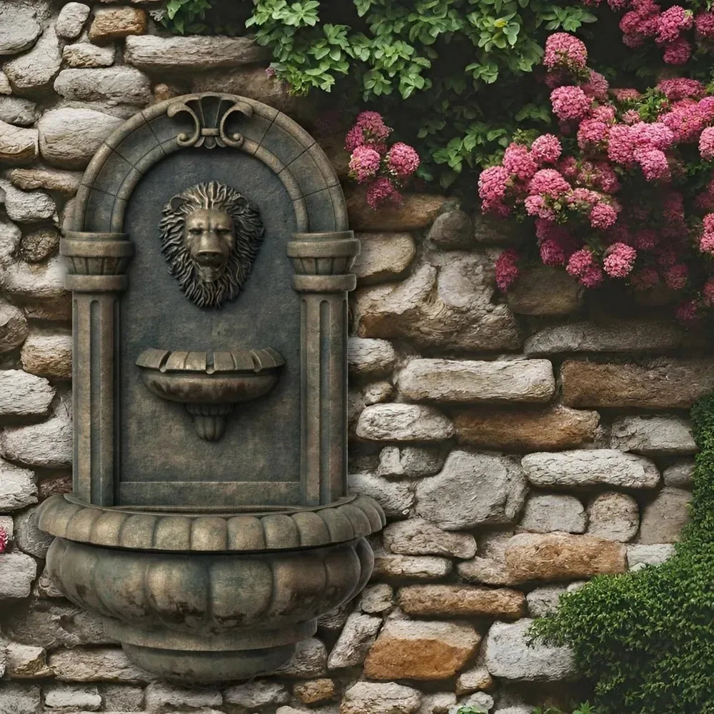Lion Head Stone LED Wall Mount Fountain For Gardens