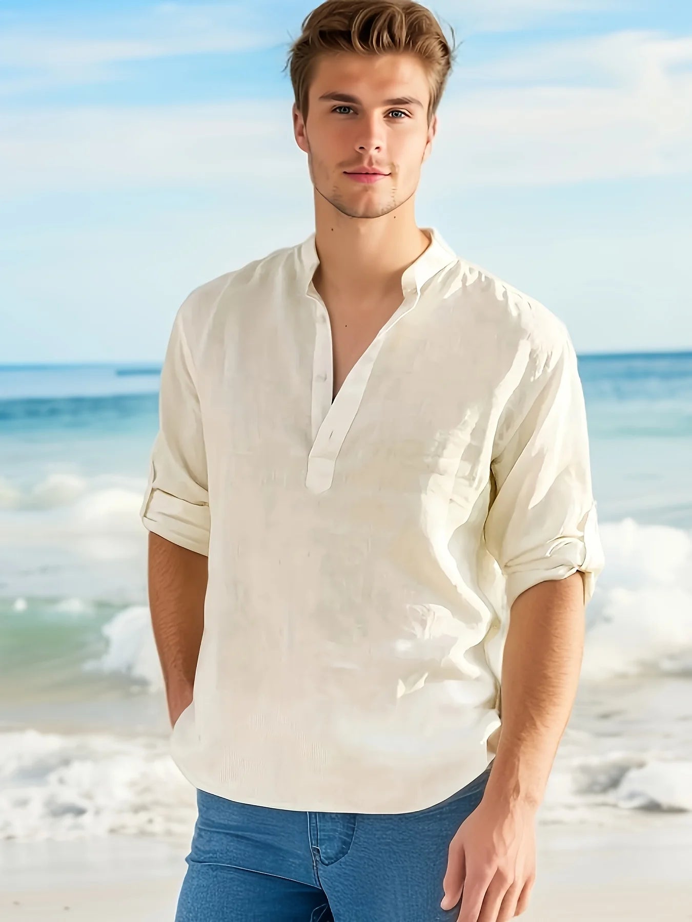 CN Zhejiang Cotton Linen Stand Collar Long Sleeve Shirt