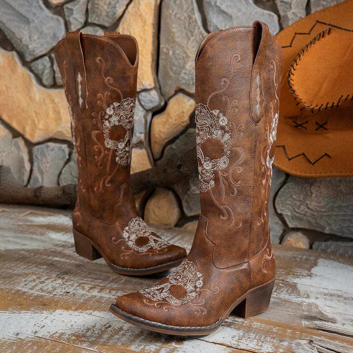 Nu Styles 4Ever Embroidered Skull Cowboy Boots Western