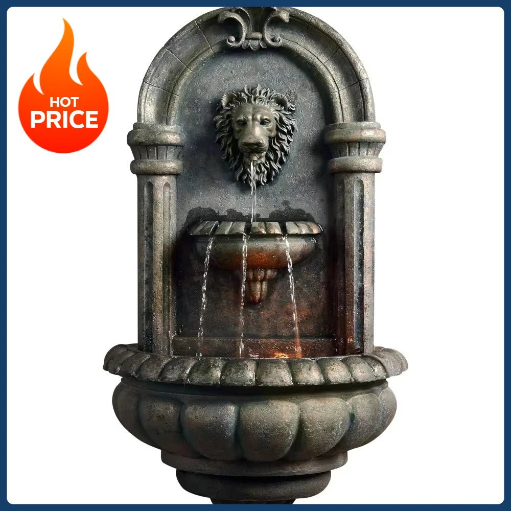 Lion Head Stone LED Wall Mount Fountain For Gardens