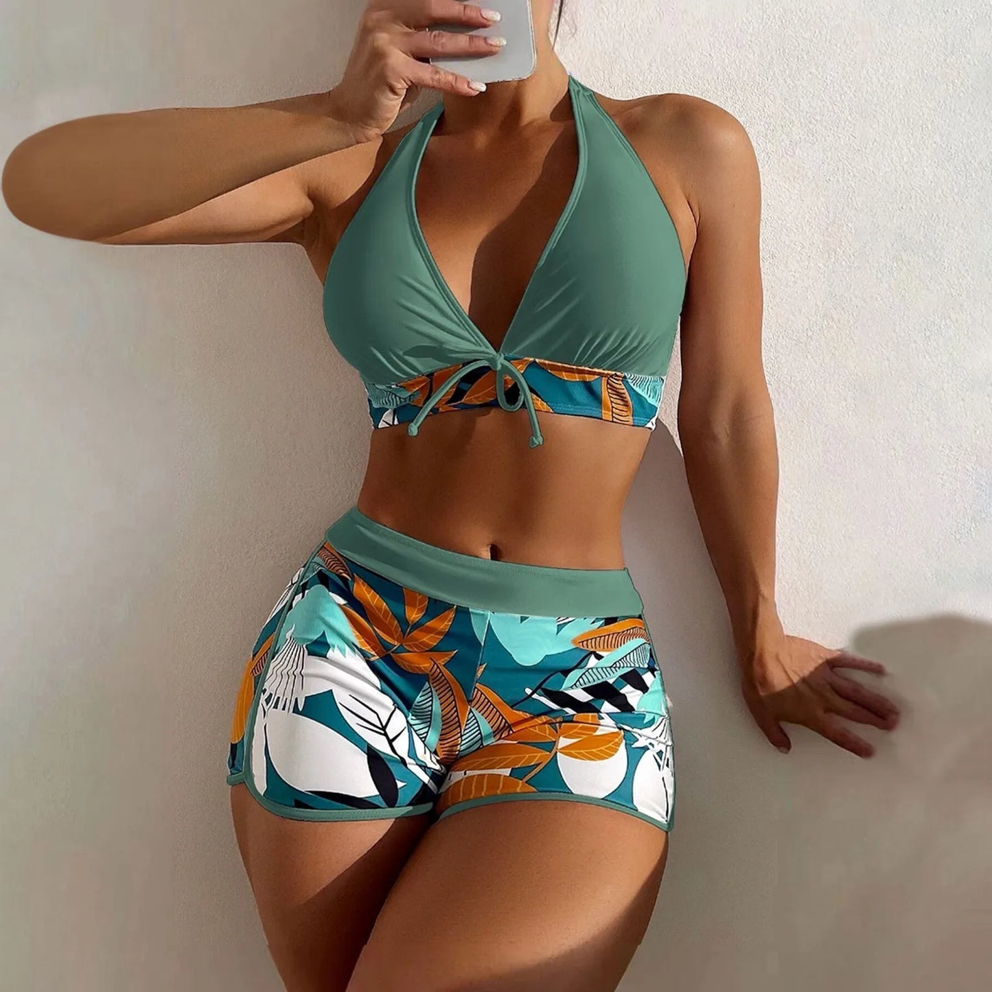 High Waist Plant Print Bikini Set Women Two Piece Swimsuit