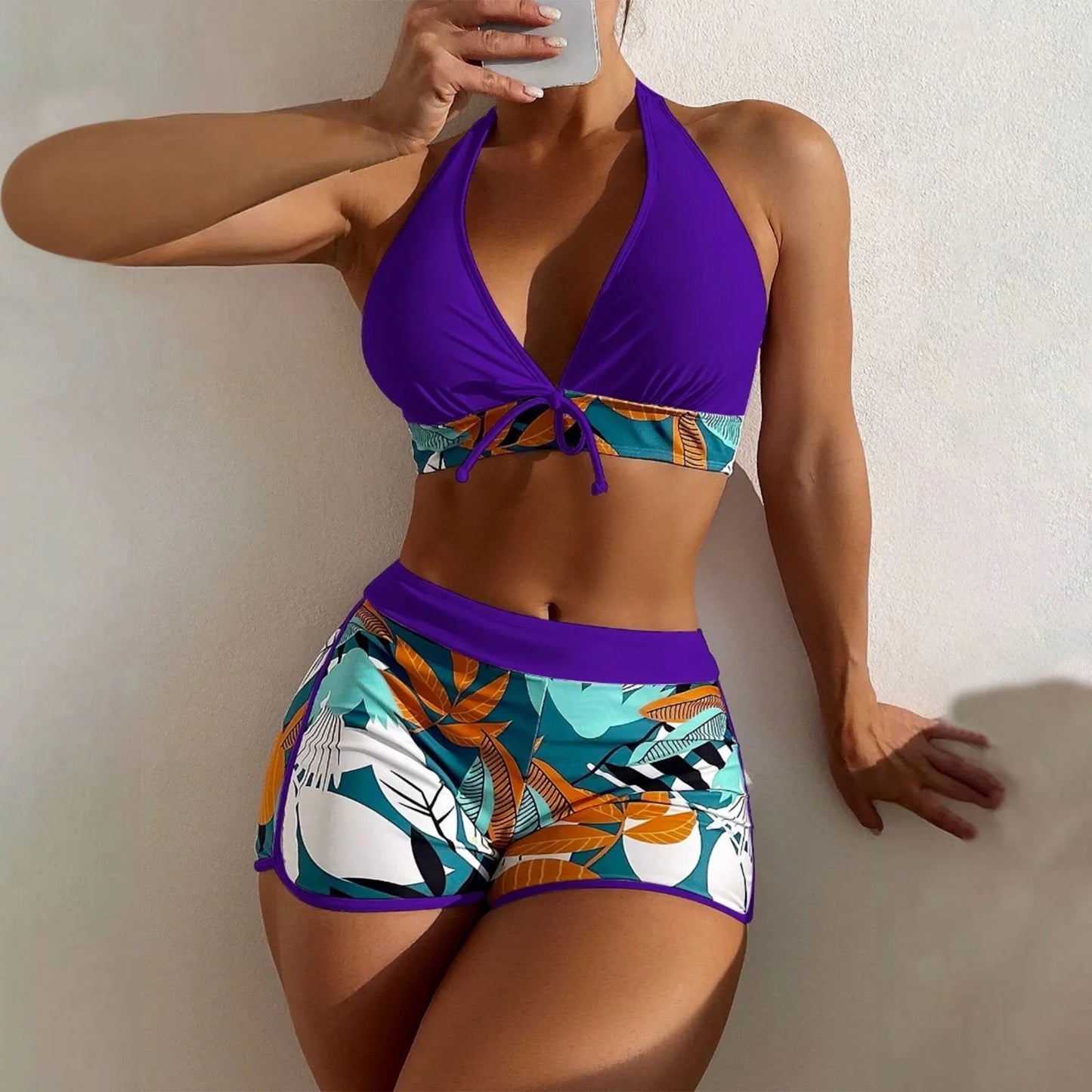 High Waist Plant Print Bikini Set Women Two Piece Swimsuit