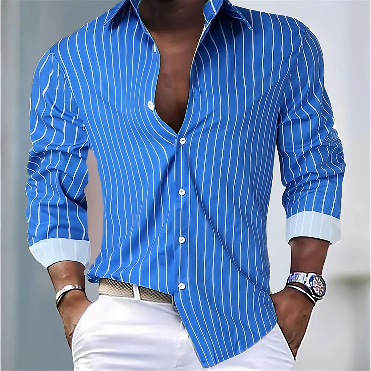 Mens Striped Casual Shirt Polyester Spandex Long Sleeve