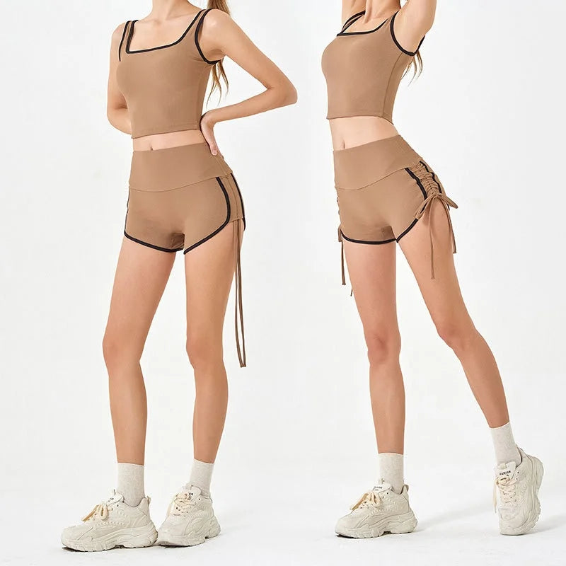 Women Thin Drawstring Yoga Shorts High Elastic Fitness Running