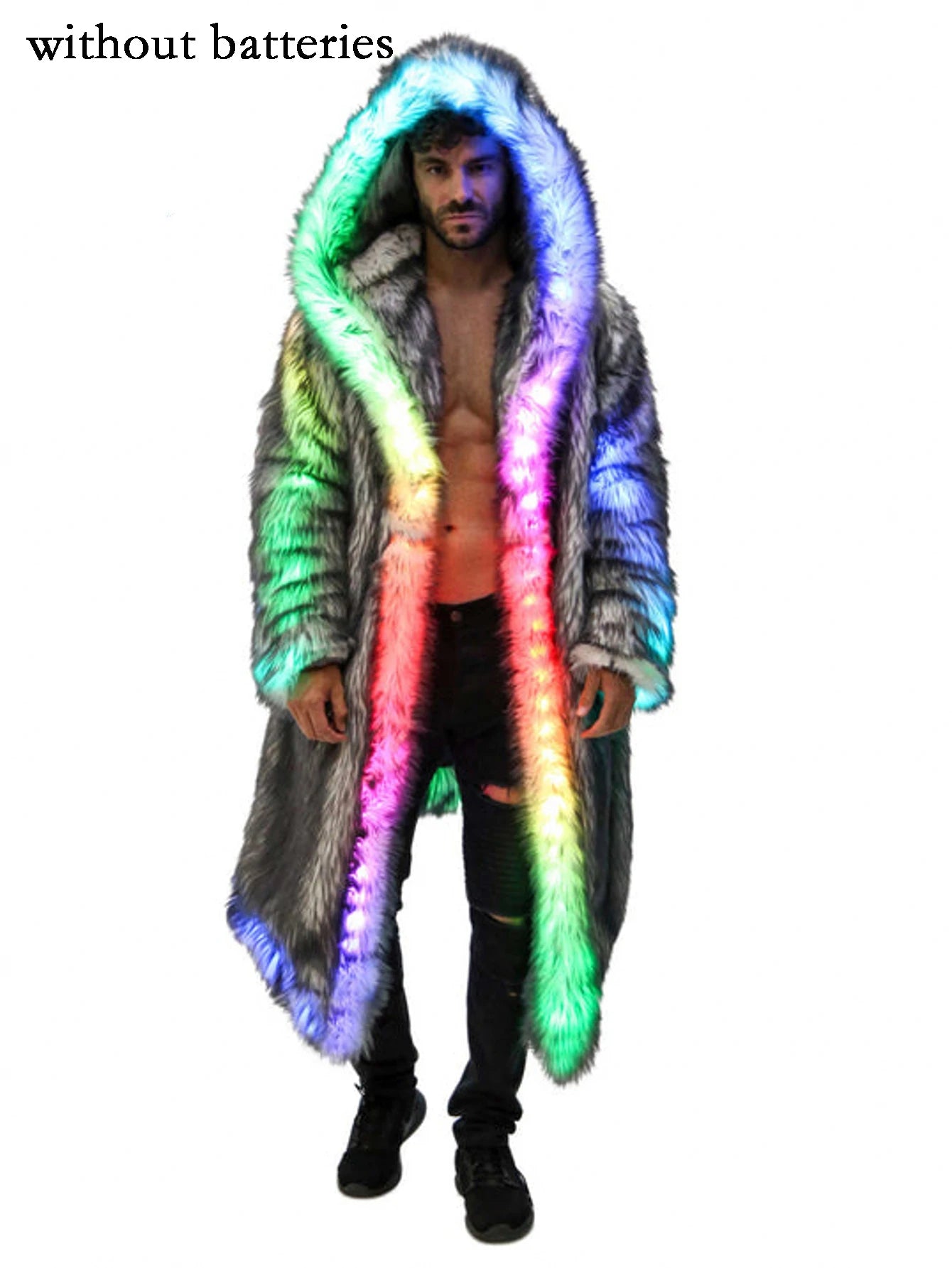 FHILLINUOCN LED Faux Fur Coat For Men Hooded Stage Costume