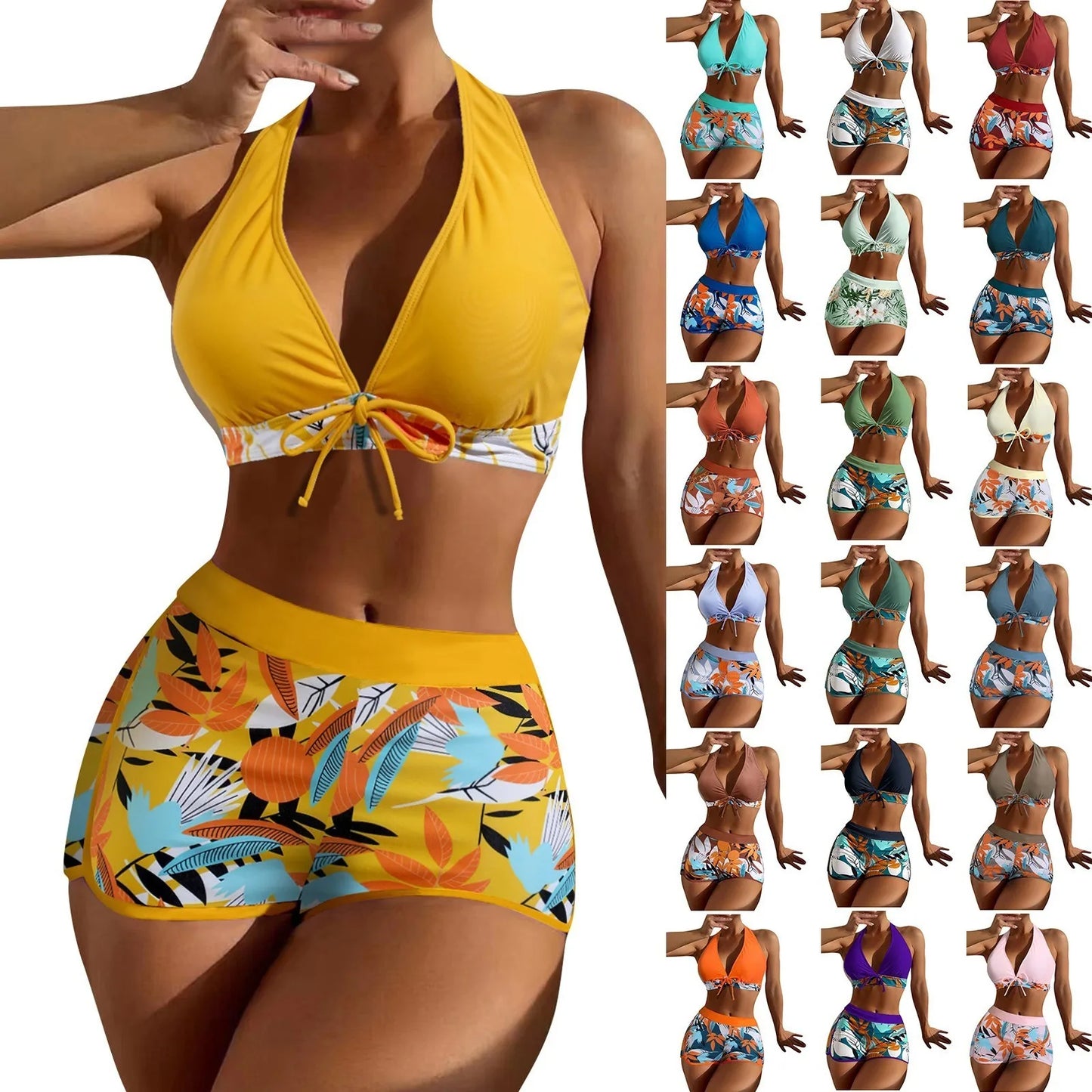 High Waist Plant Print Bikini Set Women Two Piece Swimsuit