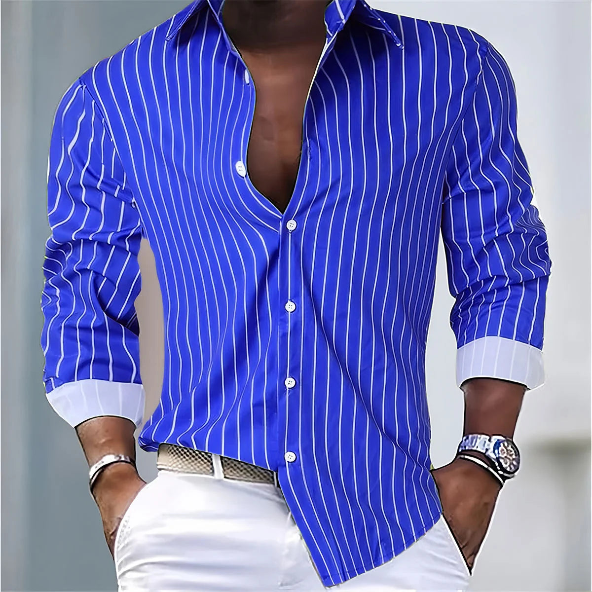 Mens Striped Casual Shirt Polyester Spandex Long Sleeve