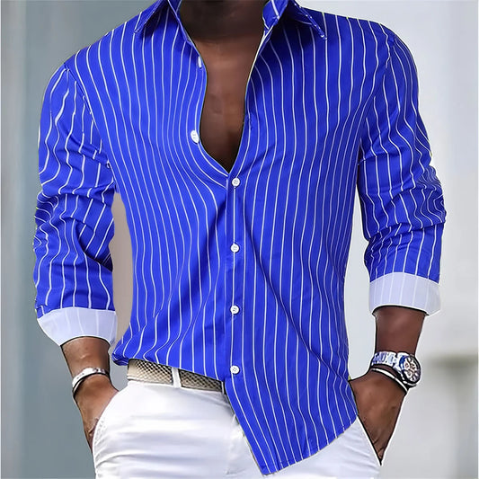 Mens Striped Casual Shirt Polyester Spandex Long Sleeve