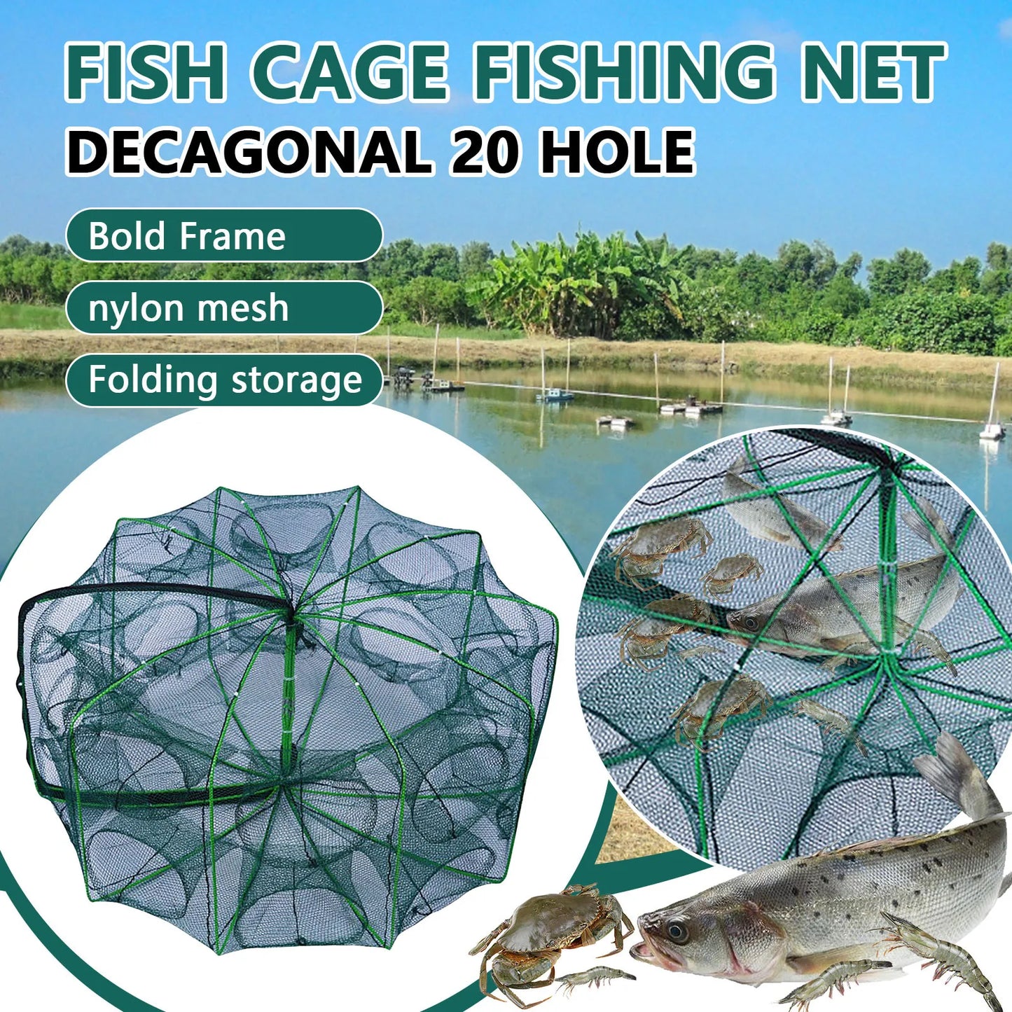 Compact Foldable Lobster Cage Fishing Trap Nylon Net Kit