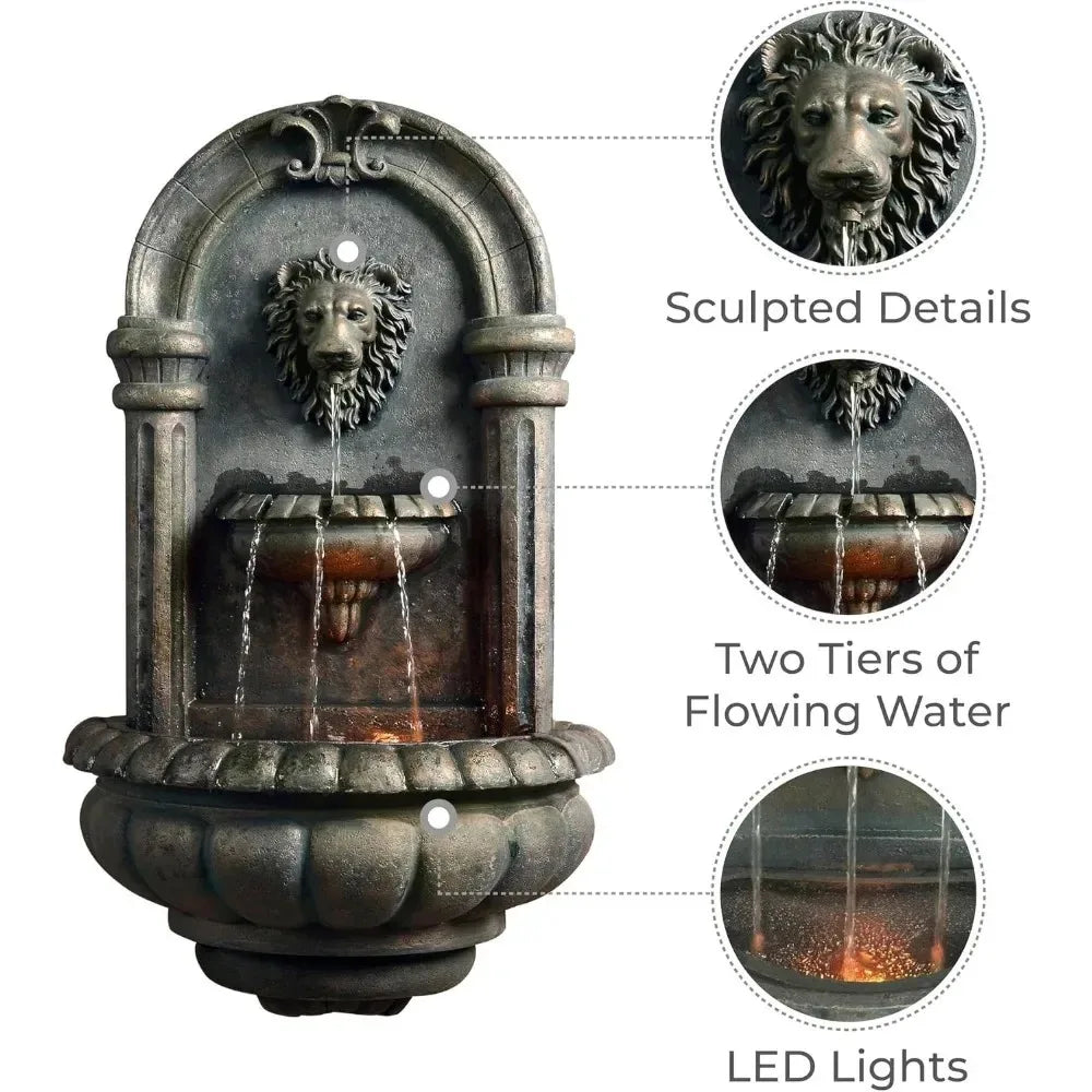 Lion Head Stone LED Wall Mount Fountain For Gardens