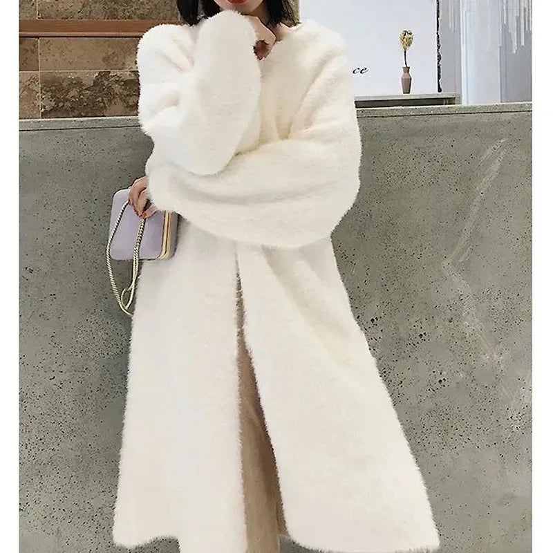 Fluffy Cashmere Long Cardigan for Women Korean Style Coat