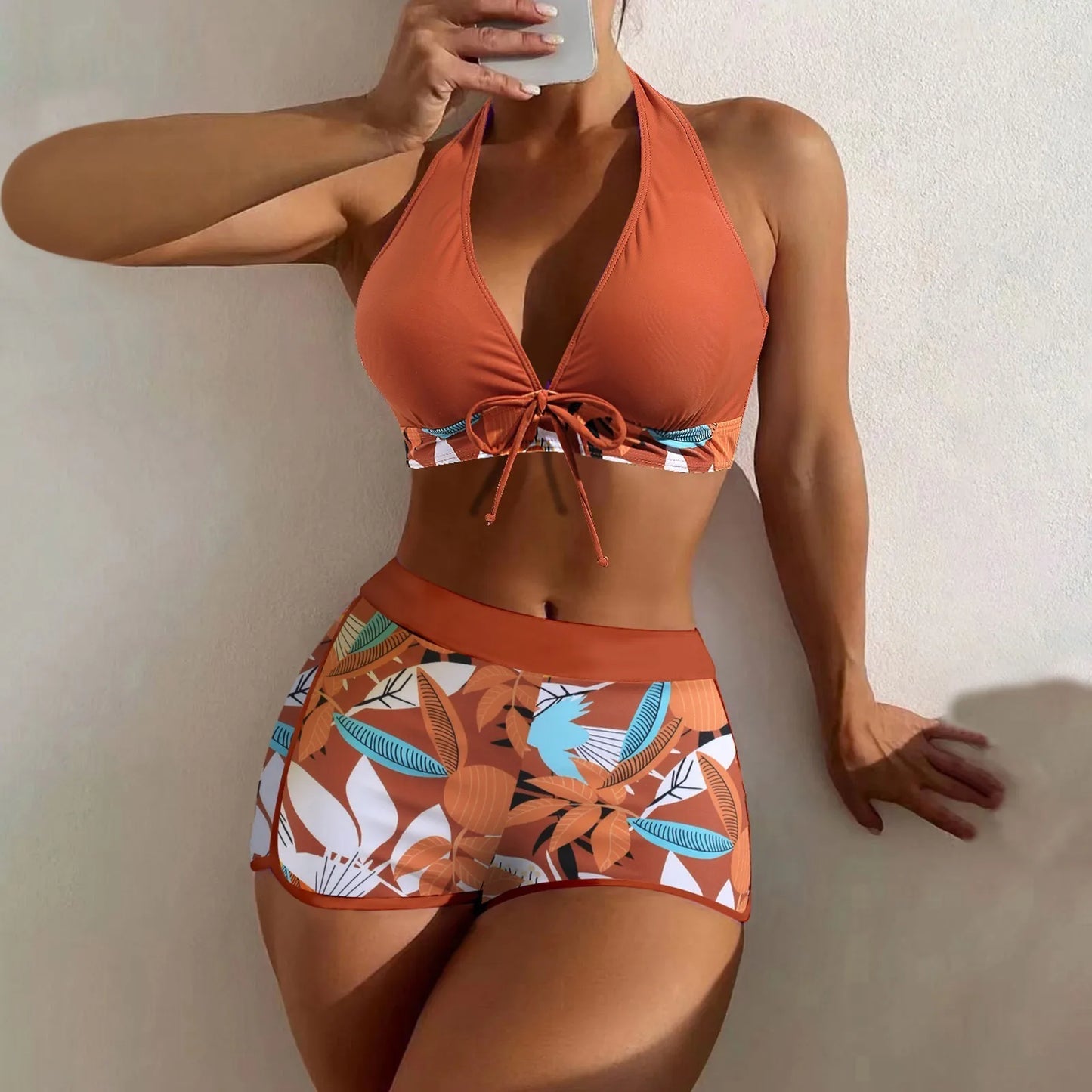 High Waist Plant Print Bikini Set Women Two Piece Swimsuit