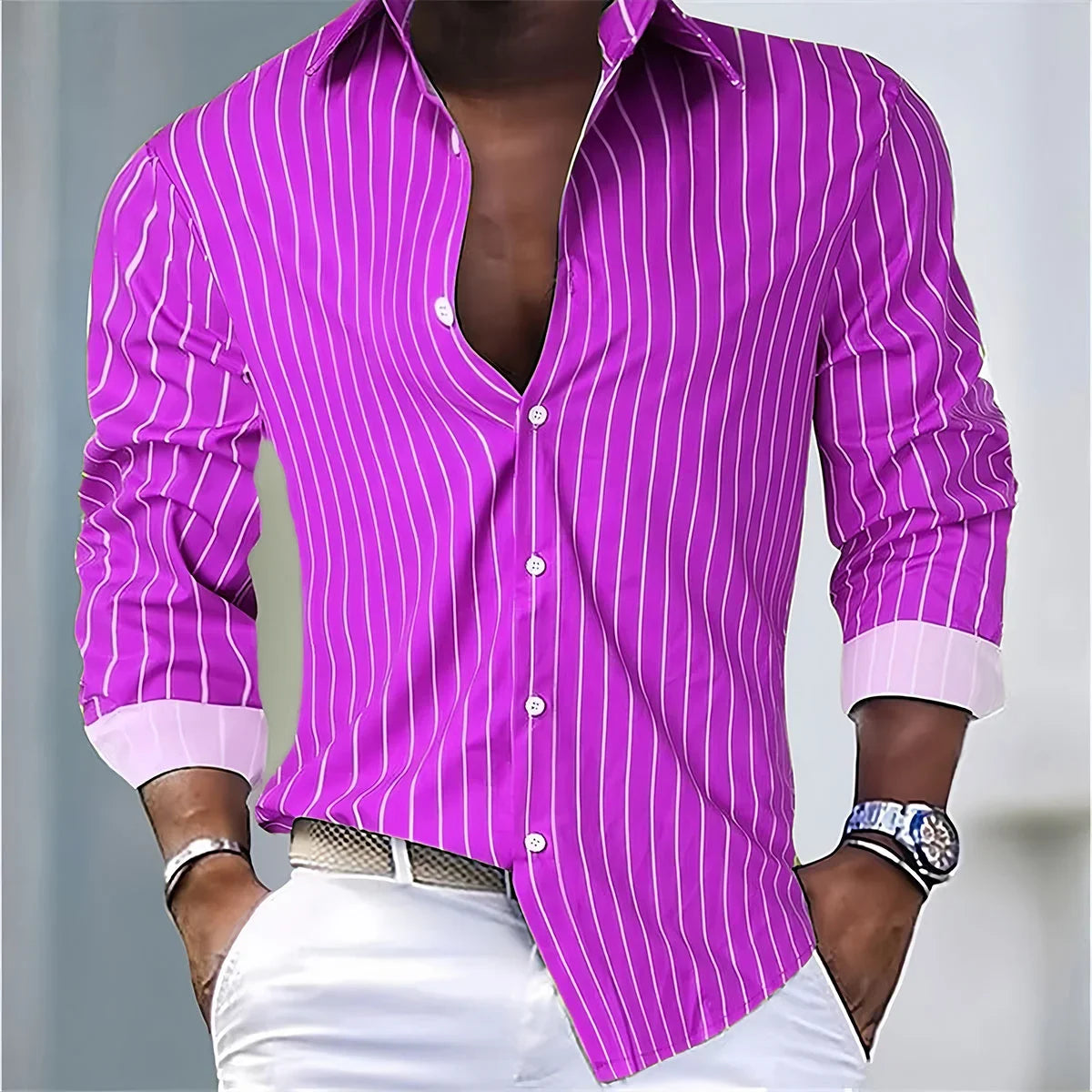 Mens Striped Casual Shirt Polyester Spandex Long Sleeve